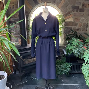 Vintage 1980s Navy Blue Heavy Polyester Shirt Style Dress Shoulder Pads 