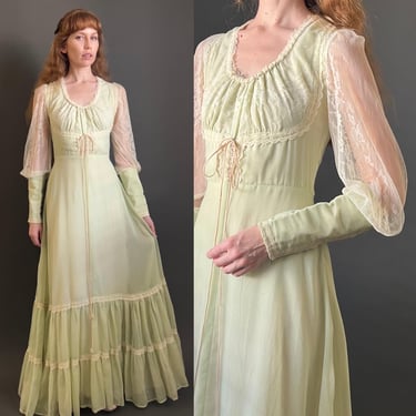 Vintage 1970s GUNNE SAX Sage Green Romantic Prairie Maxi Dress, XS Small 