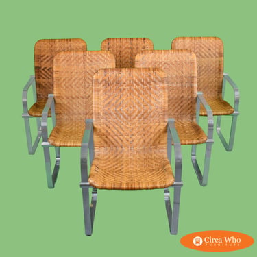 Set of 6 Stainless Steel and Rattan Dining Chairs by Stendig