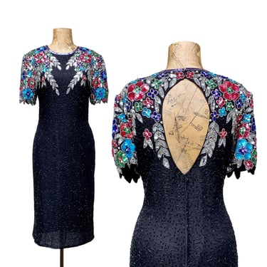 Vintage 1980s Black Silk Party Dress w/Floral Sequins & Beading, Sténay Special Occasion Keyhole Back Sheath, Medium 38
