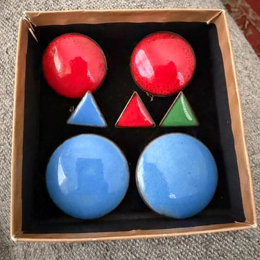 Vintage Mid Century Modern Copper Enamel Earrings and Button Set 
