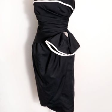 80's Saks Fifth Ave Black & White Evening Dress Strapless AJ Bari Vintage 1980's 