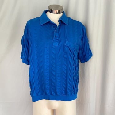 Mens blue 1970s short sleeved shirt, vintage mens blue summer shirt, size XXL, striped short sleeve shirt, woven pattern, casual 70s shirt 