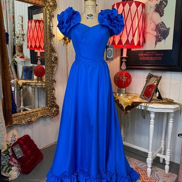 vintage 1980s blue satin ball gown 80s prom dress train ruffled off shoulders sm 