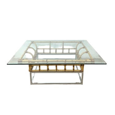 1970s Retro Bamboo & Chrome Coffee Table - Vintage Hollywood Regency Glass Cocktail Table 