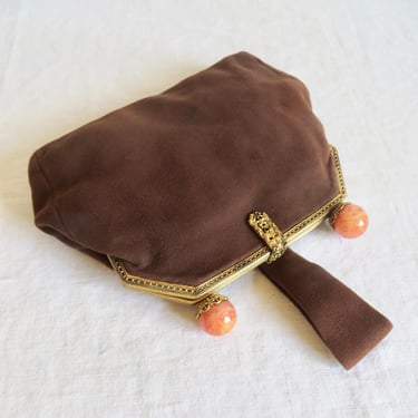 1930's French Art Deco Brown Suede Evening Clutch Purse Formal Evening Made in France 