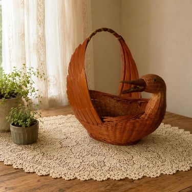 Vintage Wicker Duck Basket, Bamboo Bird Bread Basket, Retro Boho Home Decor, Wooden Head & Wing Handles, Catchall Fruit Bowl 