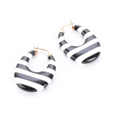 Vintage 14K Gold & Black/White Onyx Striped Hoop Earrings, 35mm 