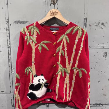 Vintage 90s Cherry Red Bamboo Panda Animal 3D Knit Cute Picture Knit Button Up Cardigan Sweater Large 
