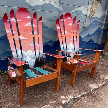 Set of 2 - Cloudy Sunset Mountain Mural Hybrid Ski/Snowboard Chairs, hand painted, sunset, night sky, repurposed skis, Adirondack chair 