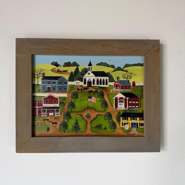 1985 Nancy Lucek Folk Art Village Landscape Oil Painting on Canvas, Framed 
