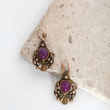60s chandelier earrings | Vintage 1960s ornate gold tone purple drop earrings 