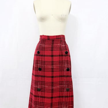 Vintage 1950s Plaid Wool Wrap Skirt | Red Black High Waisted Midi (Size Small) 