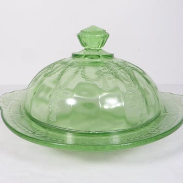 Anchor Hocking Depression Glass - Uranium Green Cameo - Round Butter Dish 