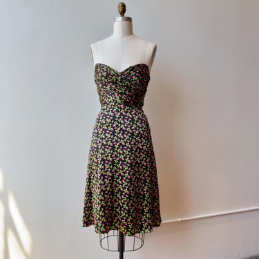 90s Betsey Johnson Silk Dress | Vintage Floral Slip Dress | Black Silk Bustier Dress | Y2K Silk Bias Cut Floral Dress 