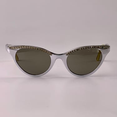 Vintage 1950'S Aluminum Cat Eye Sunglasses - Shinny Chrome Finish - Rhinestone Studded Frames - New UV Glass Lenses 