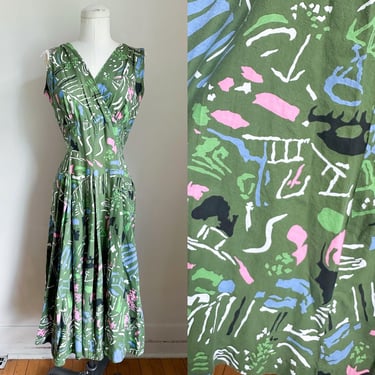 Vintage 1950s Novelty Print Avocado Green Day Dress / M 
