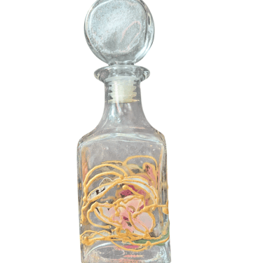 Unique Vintage Glass Decanter Bottle Pink & Gold Swirl Abstract Art With Stopper