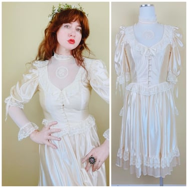 1980s Vintage Silky Look Sateen Prairie Dress / 80s. Sheer Neck Victorian Puffed Sleeve Fit and Flare Dress / Small 