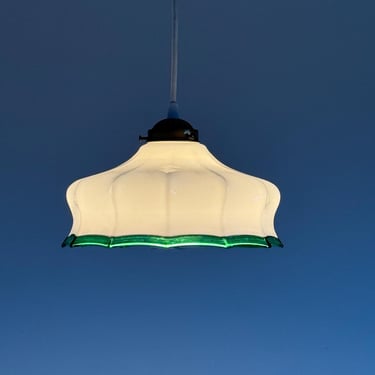 Art Deco Style Pendant Lamp / Vintage White & Green Glass Ceiling Light  / Antique Lighting  / Italy / 1960s 