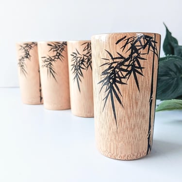 Vintage Hand Painted Bamboo Drinkware Set/ MCM 1960s/ Made in Japan/ Asian Boho Japandi Kitchen/ Biting Artist Brush Pots/ Set of 4 