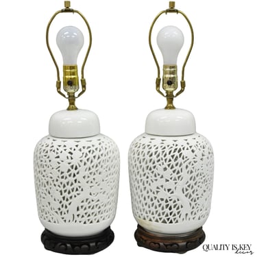 Chinoiserie White Blanc De Chine Porcelain Ginger Jar Oriental Table Lamp Pair