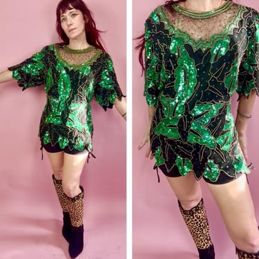 Vintage 80s Monika Silk Sequin Blouse | Emerald Green Black Maximalist Glam XL 