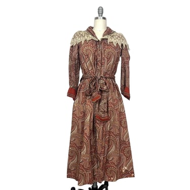 Antique Edwardian 1900s Red Paisley Print Silk Dress Lace Collar AS IS 