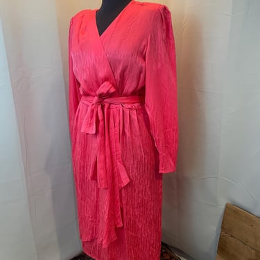 Hot Pink Watered Silk Wrap Dress 1970s Vintage Glam Dynasty Disco 16 L 
