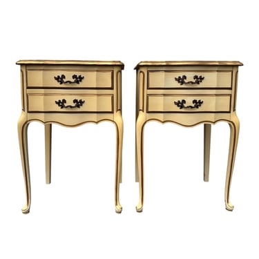 Set of 2 Vintage French Provincial Nightstands - Pair of Petite Louis XV Cream & Antique Gold End Tables with Long Cabriole Legs 
