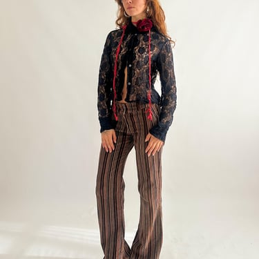 Vintage 1990s dark navy floral mesh button up top / collared long sleeve lace blouse 