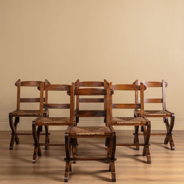 Set of 6 Brutalist Wood & Rush Gouge Carved Dining Chairs, 1960s
