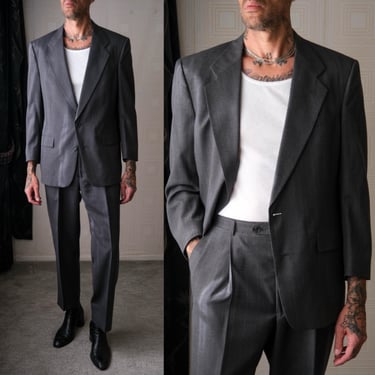 Vintage 80s Christian Dior Monsieur Charcoal Pinstripe Two Button Suit | 100% Wool | Made in USA | 1980s Dior Designer Old Money Mens Suit 