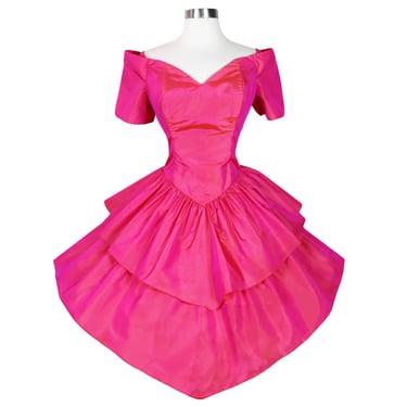 Vintage 80s Pink Taffeta Off Shoulder Tiered Full Skirt Short Prom Dance Party Dress M L Medium Large Costume Sharkskin Iridescent True Best 