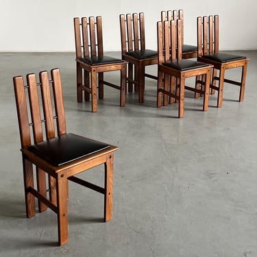 1 of 6 Vintage Mid-Century Modern Dining Chairs in Wood and Black Leather, in the Style of Mario Marenco, Italy 1970s 