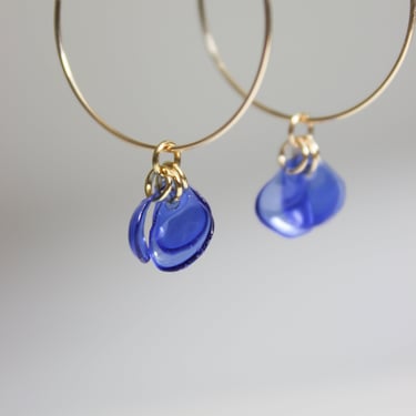 Sustainable Customizable 14k Gold-Filled Blue Hoops Earrings Handmade with 100% Recycled Materials. Floral Pendant. Up-cycled 