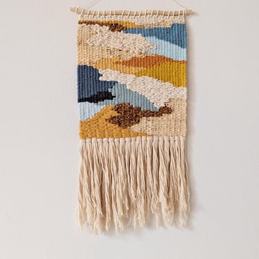 Wall Weaving/Hanging - Woven Tapestry - Mustard, Blue, Brown - Raffia - Boho Fiber Art - Handwoven Weave -Nursery Art (M3) 