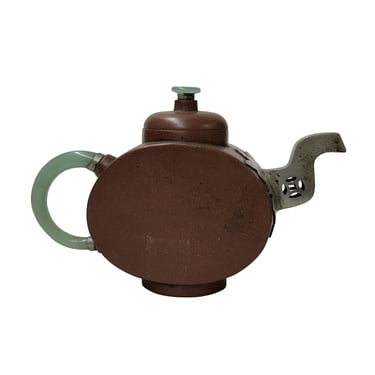 Chinese Zisha Clay Brown Jade Stone Handle Pewter Teapot Display Art GB349E 