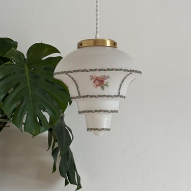 Vintage White Opal Glass Pendant Lamp / Art Deco Tiered Ceiling Light / Mid Century Floral Lamp / Italy / 1960s 