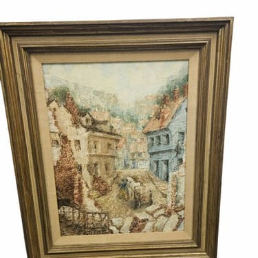 Vintage Signed  Original Imposto Oil Painting, Euro Village 32"l x 26"w