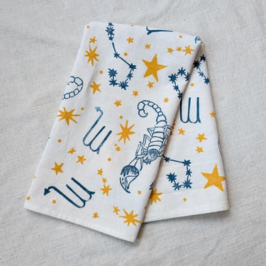 Scorpio Tea Towel - Block Printed 28x28-inch Cotton Towel with Loop - Printed by Hand 