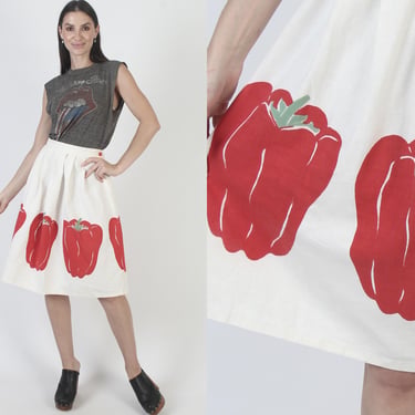 Vtg 50s Tomato Print Skirt, White Cotton Mid Century Mini 