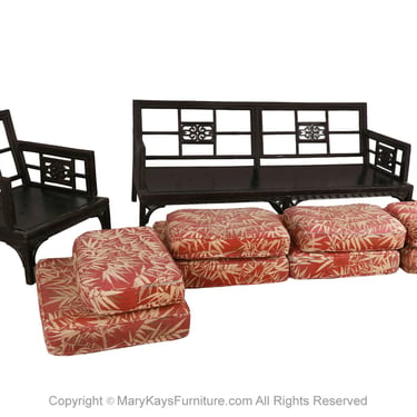 Vintage Chinese Chinoiserie Fretwork Sofa and Armchair Settee 2 Pieces