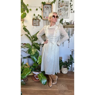 Vintage Cottagecore Prairie Dress Lace Floral Midi Dresses 