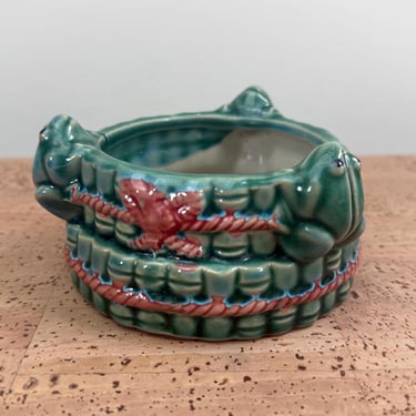 Majolica Ceramic Frog Planter | 3 Frogs Bamboo Design Red Rope 