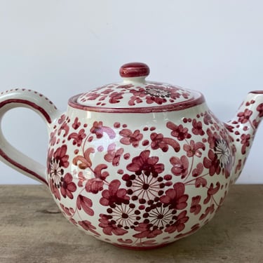 Vintage Grazia-Deruta Teapot, Made Expressly For Lord & Taylor, Italy, Italian, White And Cranberry Red Floral 