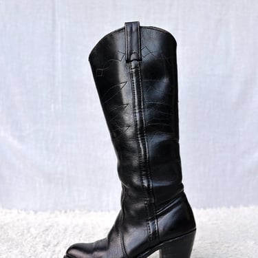 Vintage Double H Black Leather Cowgirl Boots, Size 5B 