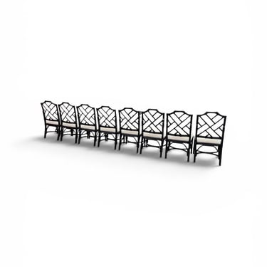 Incredible set of 8 vintage bamboo Chinese Chippendale fretwork chairs with all new upholstery 