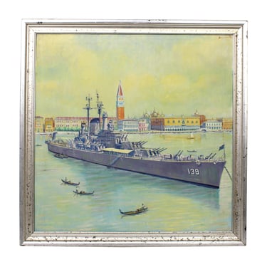 1950s Oil Painting USS Salem Heavy Cruiser Battleship Venice Lagoon Sapporetti