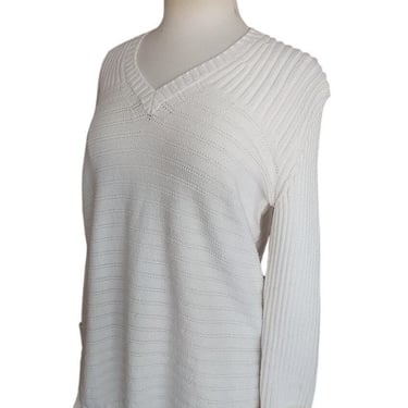 Vintage 1990s Sonia Rykiel Sweater White Knit V Neck Tunic Jumper Textured Stripe Oversized 